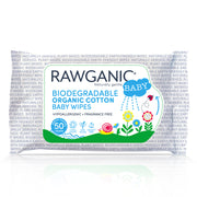Rawganic gentle biodegradable organic cotton wipes are a quick and effective way to cleanse your baby's skin, with added aloe vera extract that soothes and moisturises. Our hypoallergenic, fragrance-free wipes made from plant-based sustainable material are gentle on babies' skin and environment. Our wipes are certified organic by the Soil Association to Cosmos Standards, a global standard which ensures safe and truly organic products.