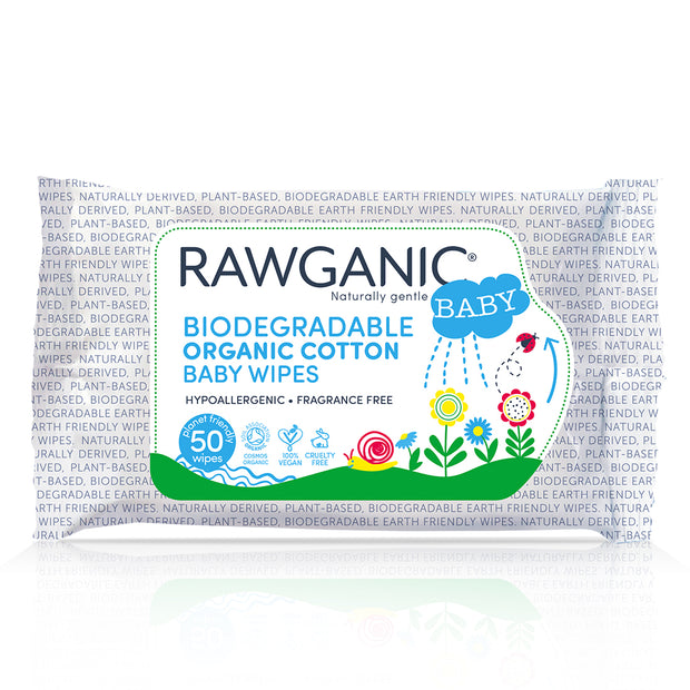 Rawganic gentle biodegradable organic cotton wipes are a quick and effective way to cleanse your baby's skin, with added aloe vera extract that soothes and moisturises. Our hypoallergenic, fragrance-free wipes made from plant-based sustainable material are gentle on babies' skin and environment. Our wipes are certified organic by the Soil Association to Cosmos Standards, a global standard which ensures safe and truly organic products.