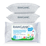 Rawganic gentle biodegradable organic cotton wipes are a quick and effective way to cleanse your baby's skin. With added Aloe Vera extract that soothes and moisturizes delicate baby's skin. Our hypoallergenic, fragrance-free wipes made from plant-based sustainable material are gentle to baby's skin and environment. Certified organic by Soil Association to Cosmos Standards, a global standard which ensures safe and truly organic products. No nasties.