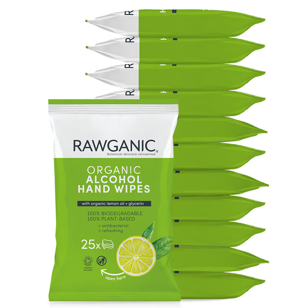 RAWGANIC Organic alcohol hand wipes, 12 packs, 25 wipes each, 300 wipes in total