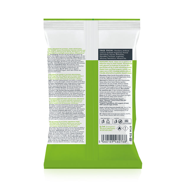 RAWGANIC Alhocol hand Wipes, back of the pack image