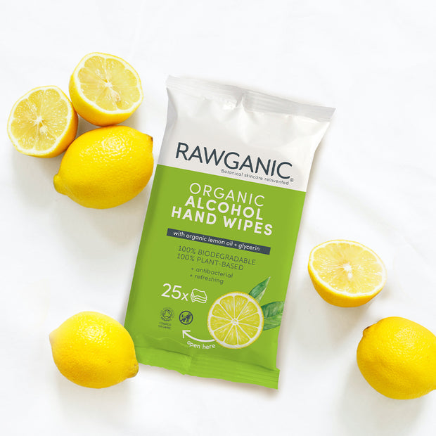 RAWGANIC Organic Alcohol Hand Wipes with lemon oil and Glycerin